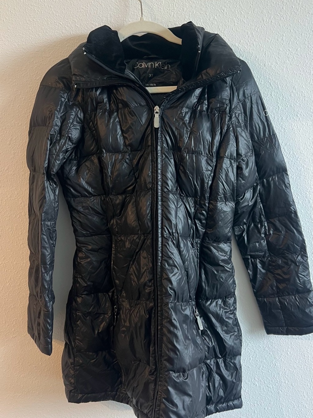 Calvin Klein Black Packable Premium Down Puffer Coat XS Hooded Longline Jacket
